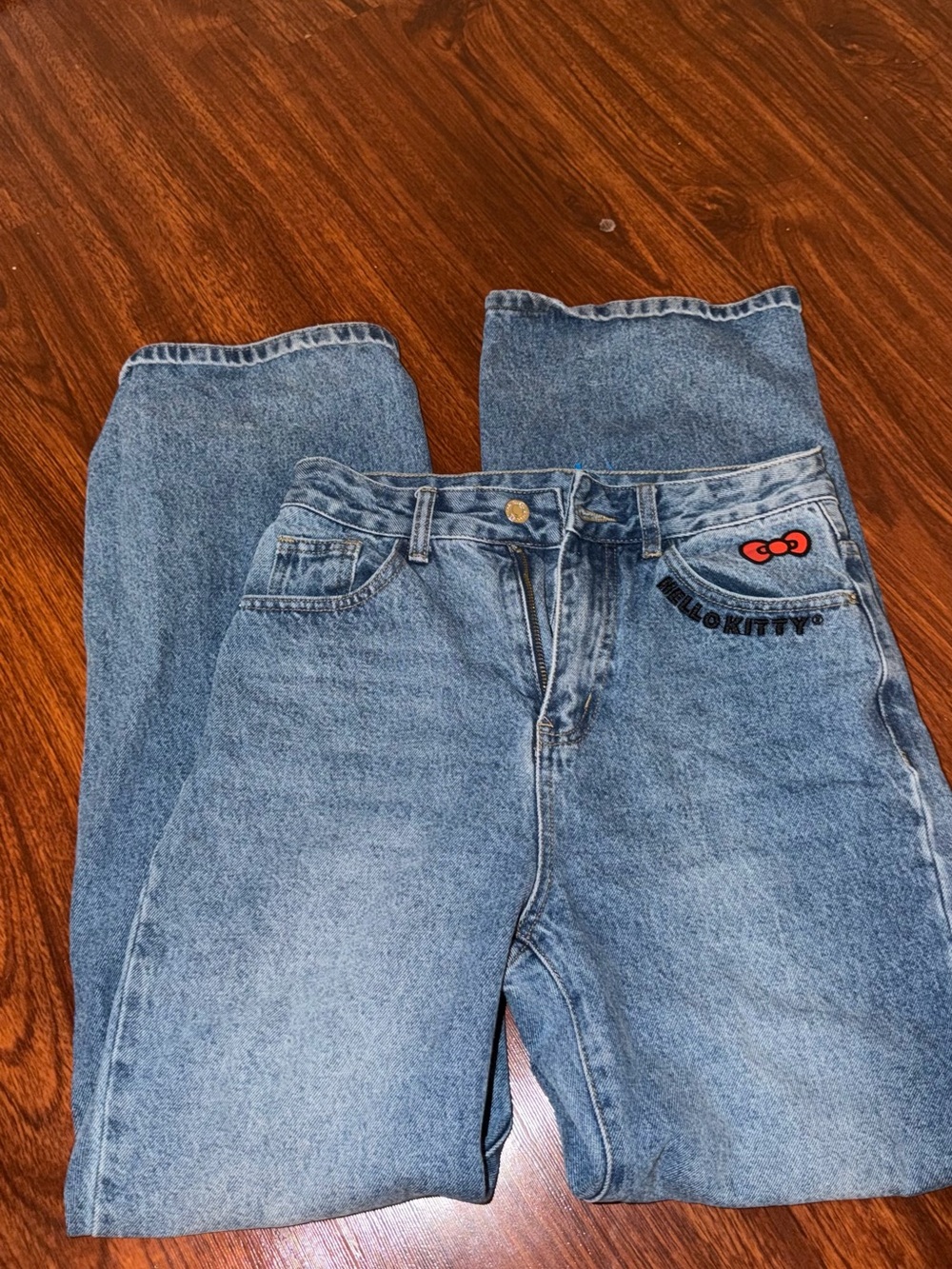 Hello Kitty Men's Blue Denim Relaxed Jeans with Embroidered Bow
